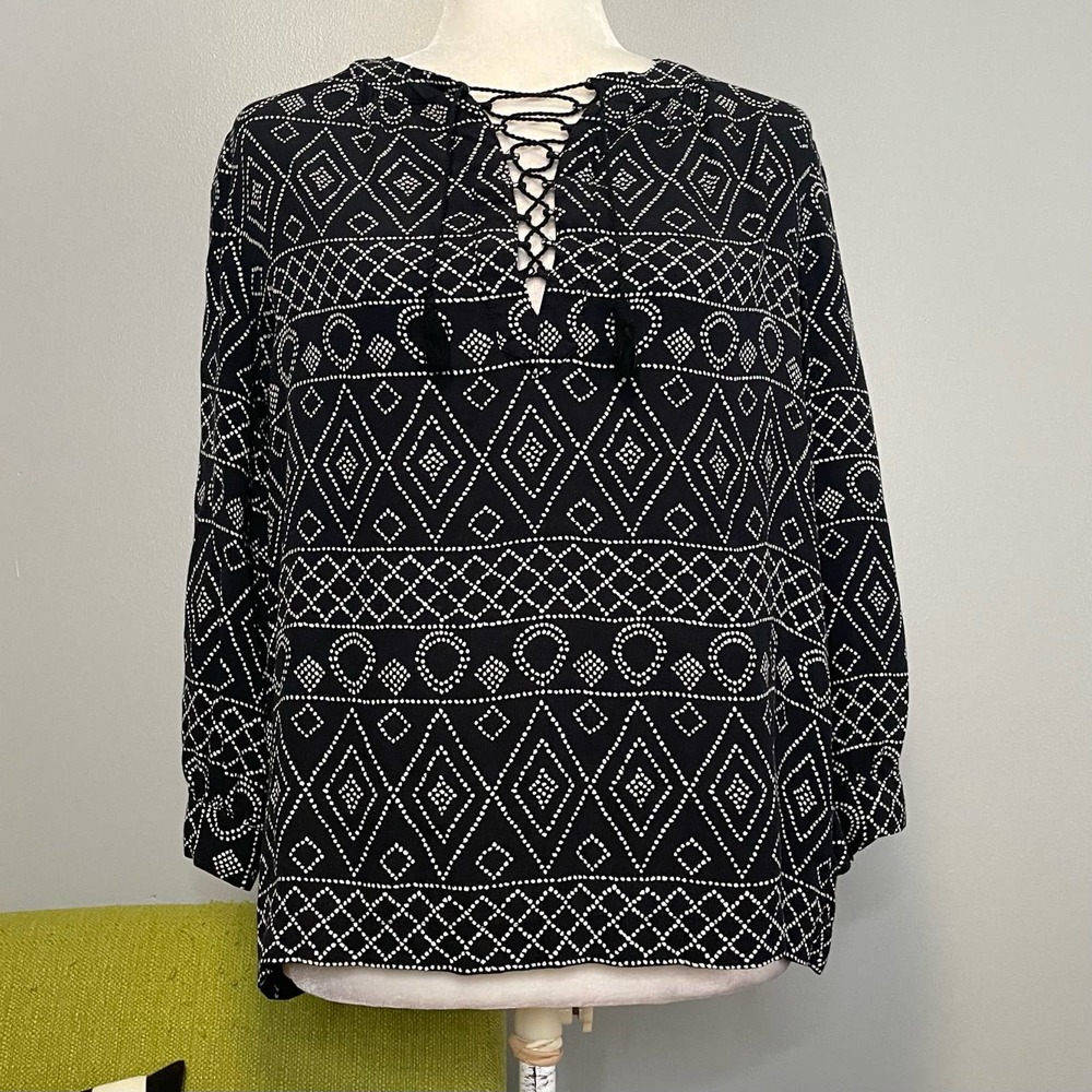 Madewell Black White Geometric Lace Up Oversized Peasant Top XXS